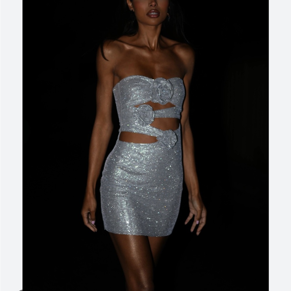 MESHKI silver rose dress